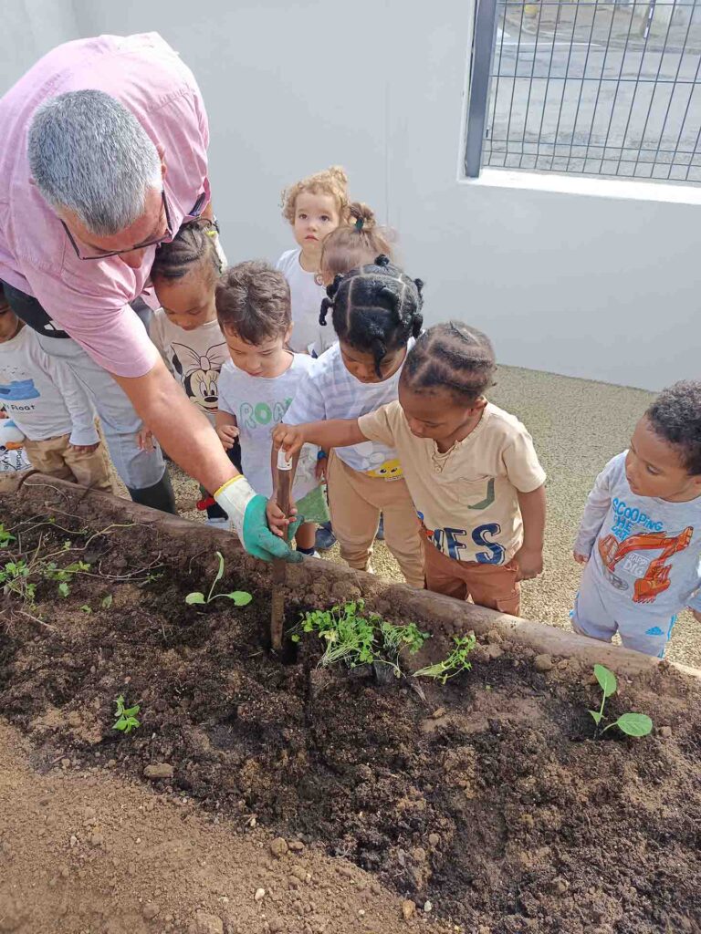 Crianças a plantar sementes na Horta Pedagógica do CAPA